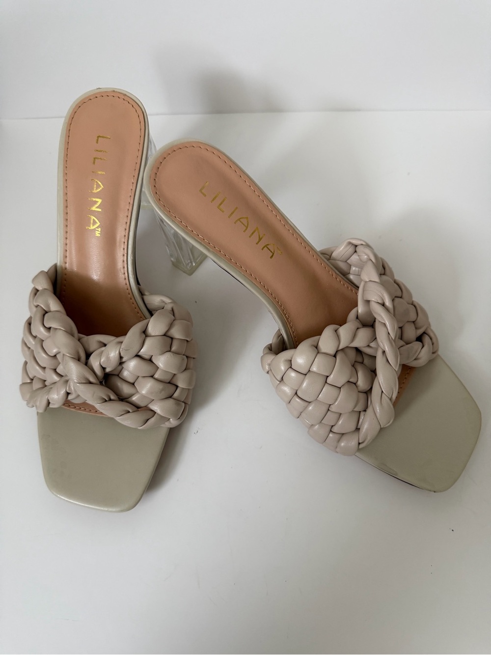 Nude Braided Faux Leather Lucite Heels - Size 7